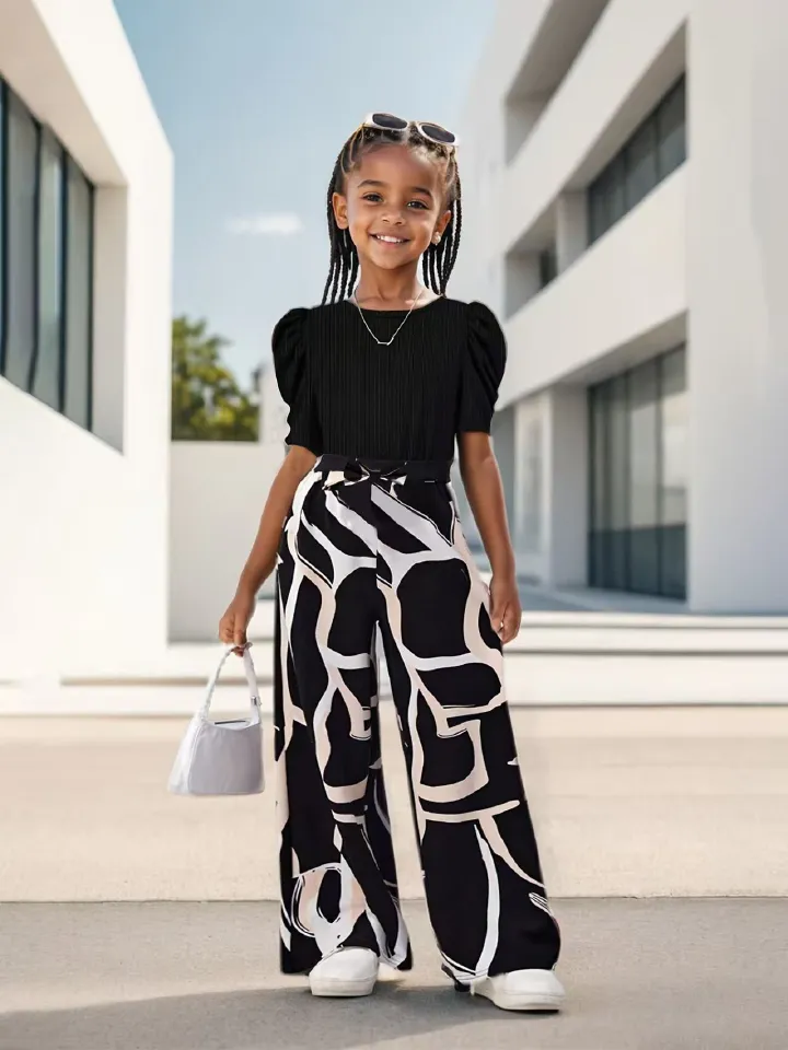INS Girls Summer Clothing Puff Sleeve Fashion Casual Top Short Sleeve T-Shirt Floral Print Wide-Leg Pants Children's Set Kids Clothes