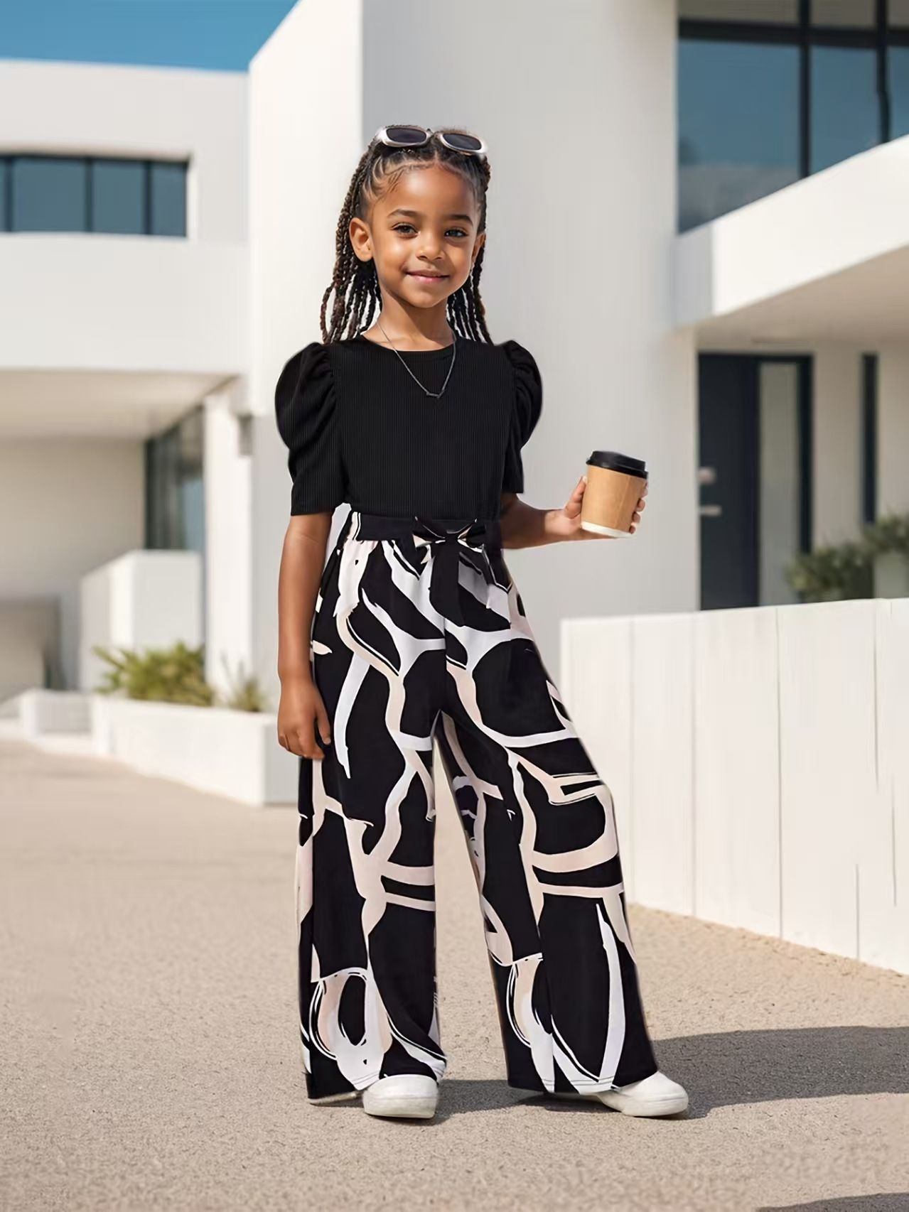 INS Girls Summer Clothing Puff Sleeve Fashion Casual Top Short Sleeve T-Shirt Floral Print Wide-Leg Pants Children's Set Kids Clothes
