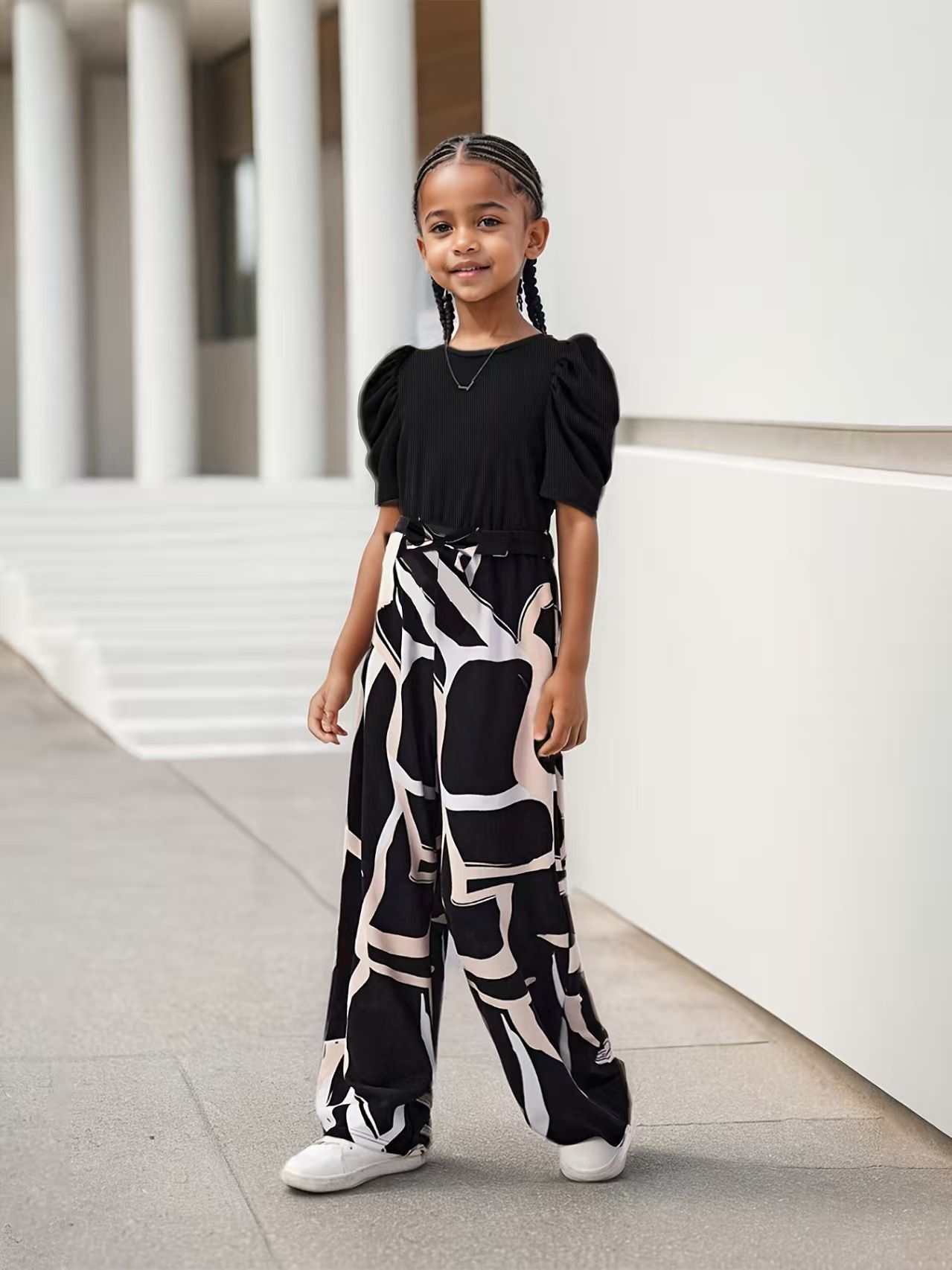 INS Girls Summer Clothing Puff Sleeve Fashion Casual Top Short Sleeve T-Shirt Floral Print Wide-Leg Pants Children's Set Kids Clothes