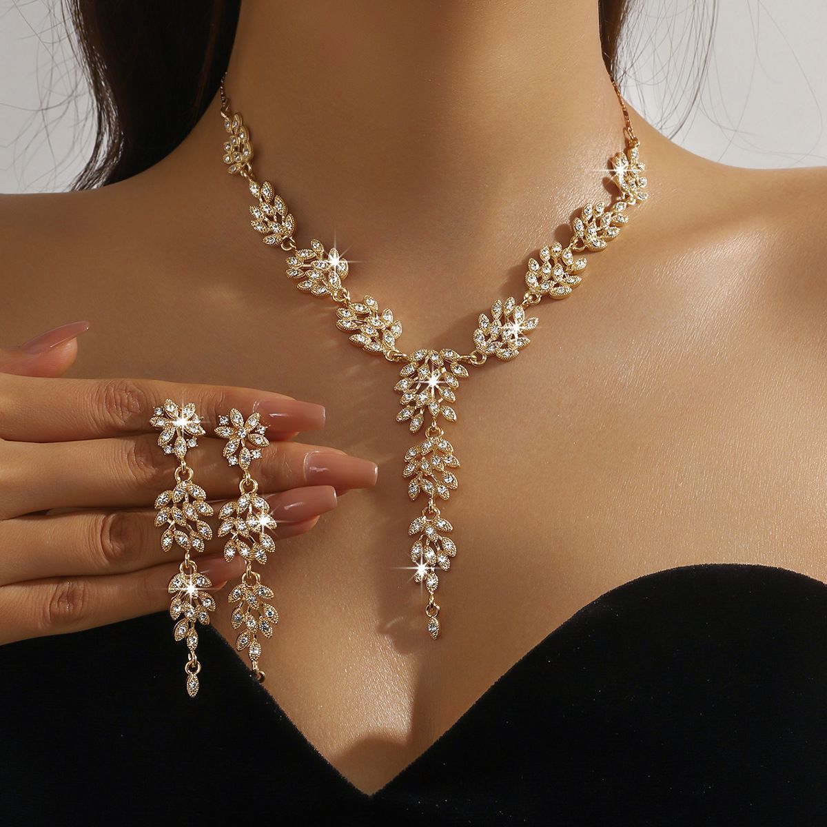 Classic Fashion Popular Jewelry Set Creative Wheat Eardrops Pendant Jewelrys Diamond Necklace Earrings 2-piece Set Wedding Party Female Accessories