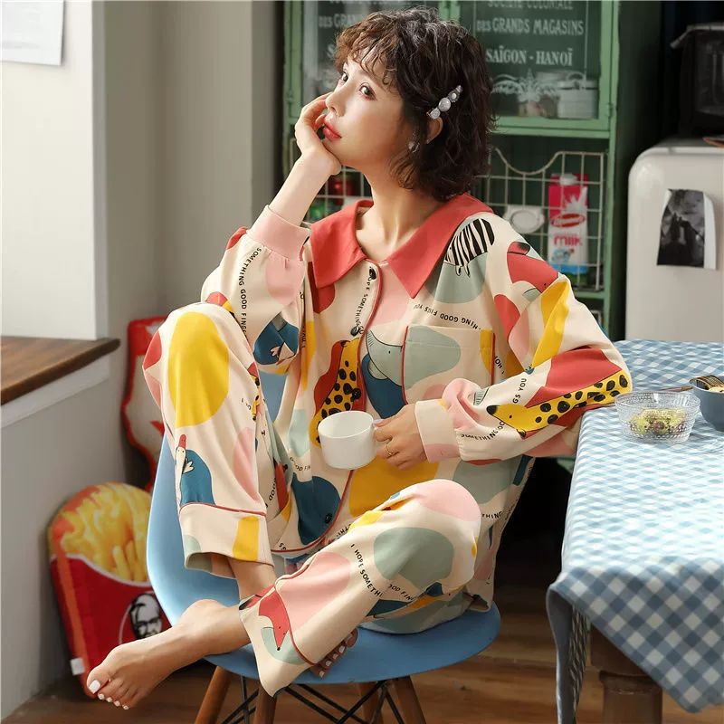 2 Pcs Women's Sleepwear Long Sleeve Sleep Shirt and Long Pants Ladies Pajama Soft Cotton Long-sleeve Pajama Set Button Up Two Piece Lounge Sets