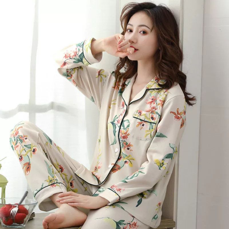 2 Pcs Women's Sleepwear Long Sleeve Sleep Shirt and Long Pants Ladies Pajama Soft Cotton Long-sleeve Pajama Set Button Up Two Piece Lounge Sets