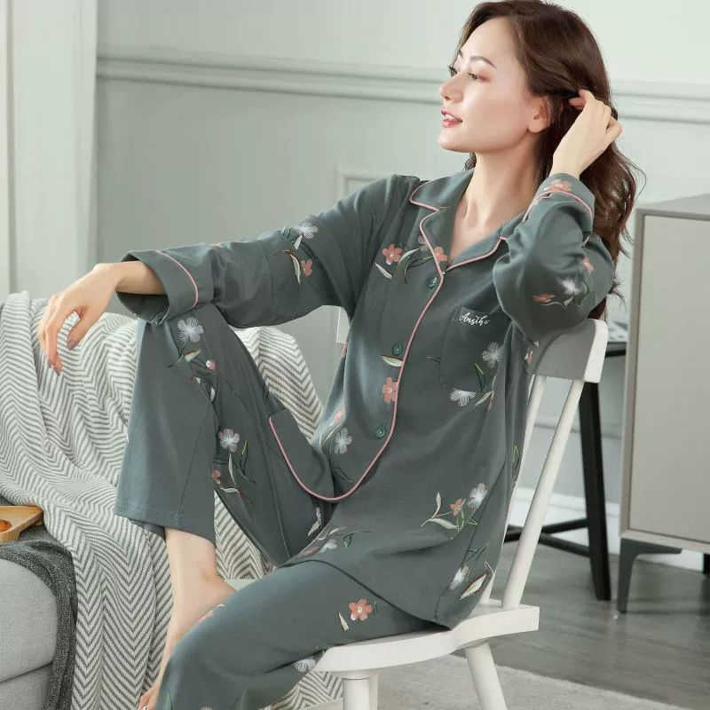 2 Pcs Women's Sleepwear Long Sleeve Sleep Shirt and Long Pants Ladies Pajama Soft Cotton Long-sleeve Pajama Set Button Up Two Piece Lounge Sets