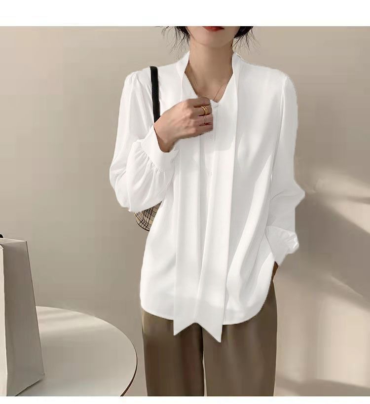 Solid Color Women's Bow Tie Blouse for Professional Wear White Loose-Fit Top Long Sleeve Layering Shirt