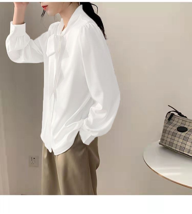 Solid Color Women's Bow Tie Blouse for Professional Wear White Loose-Fit Top Long Sleeve Layering Shirt