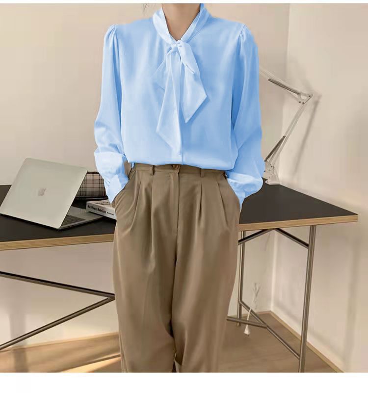 Solid Color Women's Bow Tie Blouse for Professional Wear White Loose-Fit Top Long Sleeve Layering Shirt