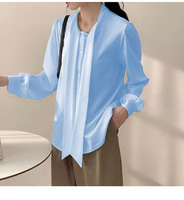Solid Color Women's Bow Tie Blouse for Professional Wear White Loose-Fit Top Long Sleeve Layering Shirt