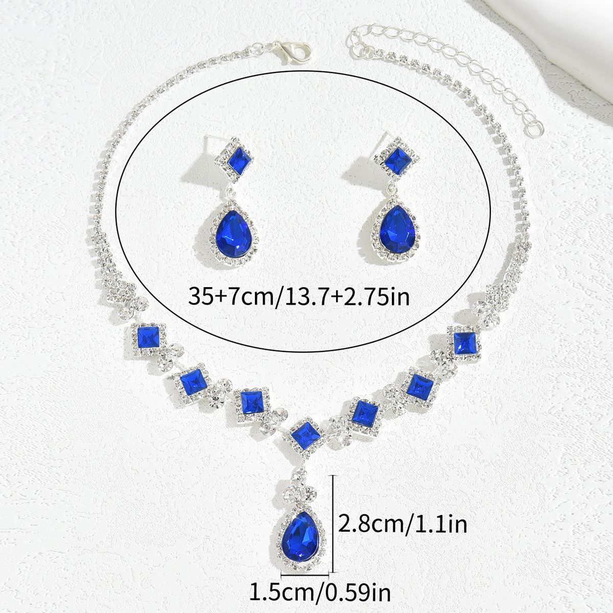 Blue Rhinestone Square Teardrop Necklace and Earrings Set Minimalist Unique Luxury Design Versatile Personalized Jewelry Set for Women Fashion Accessories