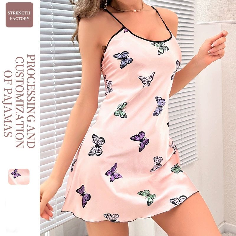 Butterfly Print Silky Backless Strappy Nightdress Minimalist Style Sexy Sleepwear with Adjustable Spaghetti Straps Sleepwear Lingerie-Inspired Satin Pajama Dress