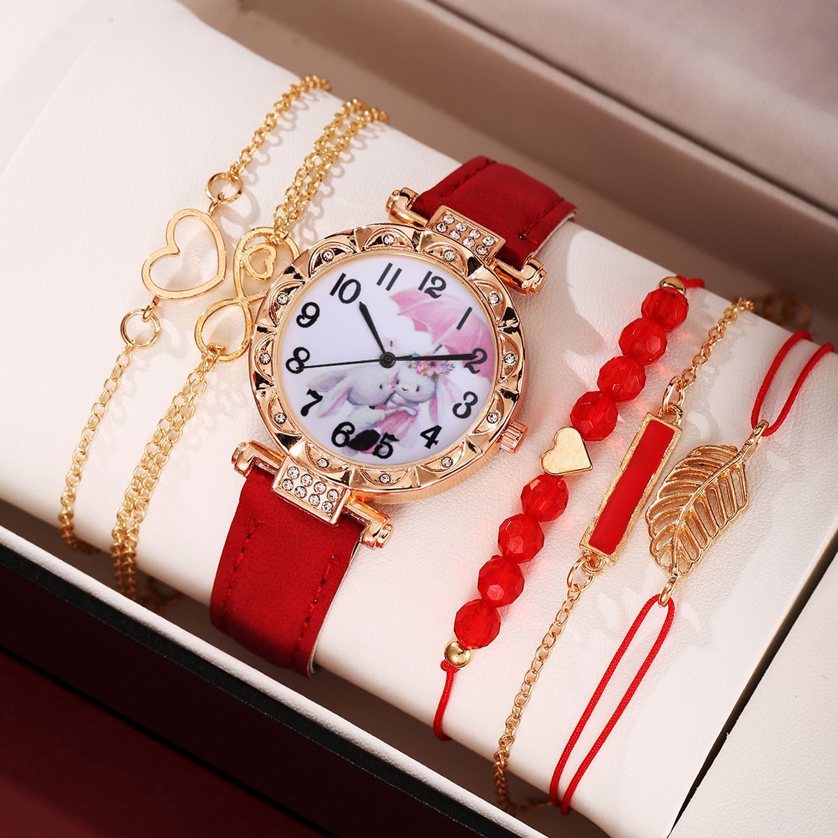 6-Piece Set 2025 New Cartoon Bunny Leather Strap Quartz Wristwatch 5 Matching Chain Bracelets Red Jewelry Gift Set for Women Girls Fashion Accessories
