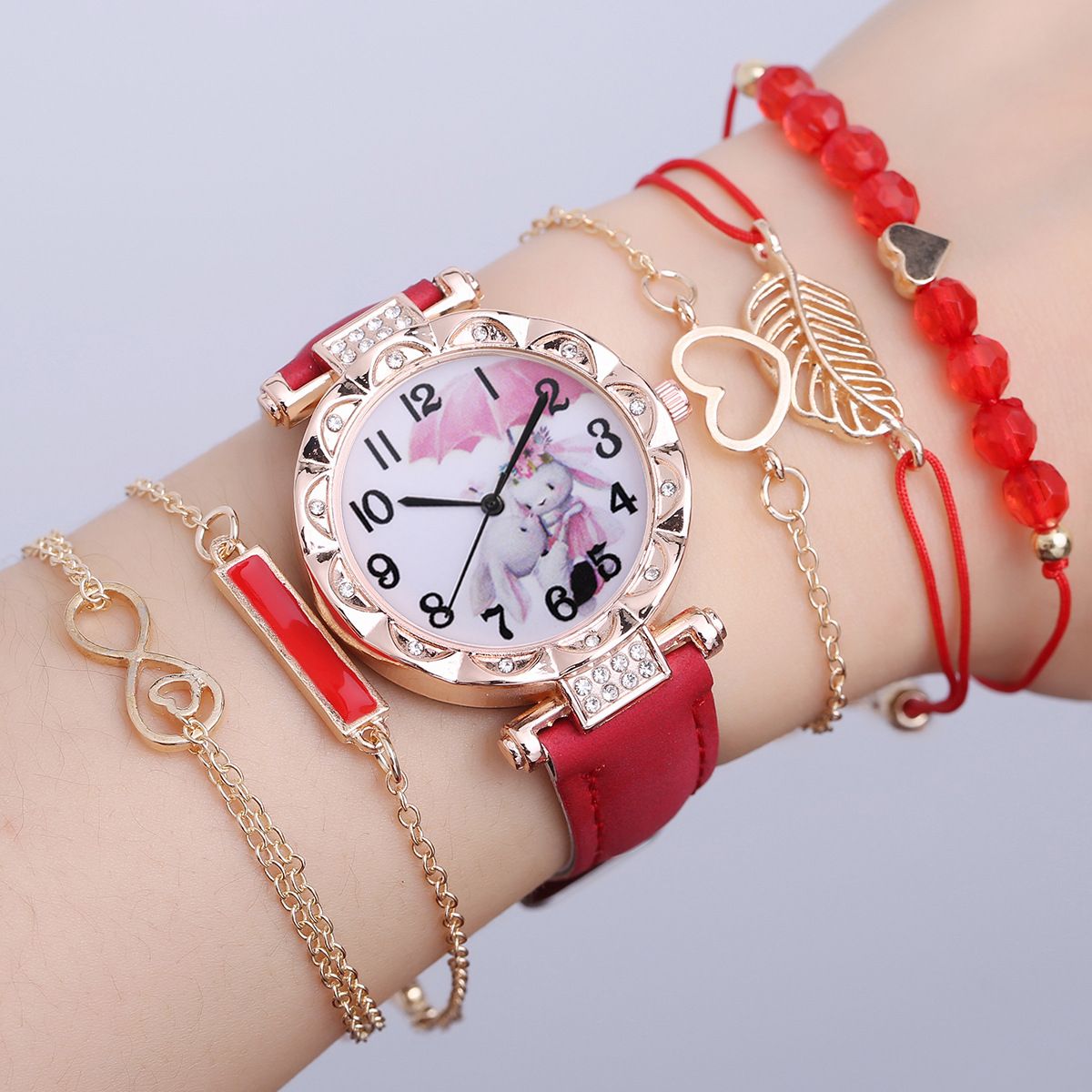 6-Piece Set 2025 New Cartoon Bunny Leather Strap Quartz Wristwatch 5 Matching Chain Bracelets Red Jewelry Gift Set for Women Girls Fashion Accessories