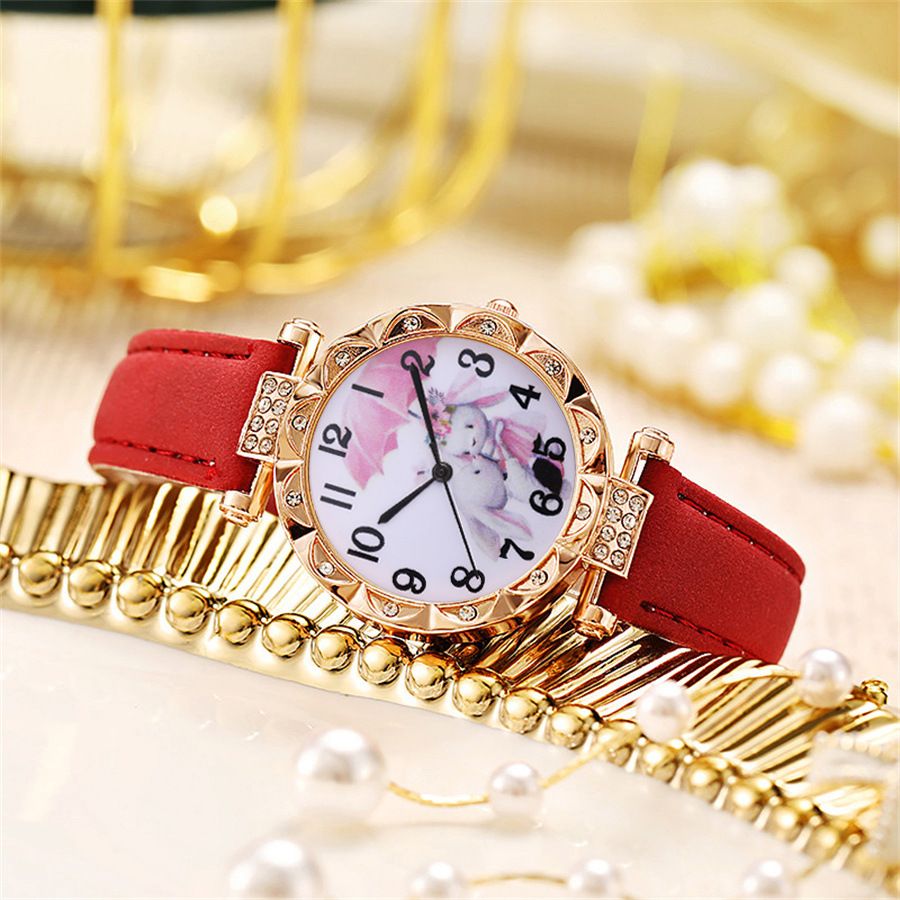 6-Piece Set 2025 New Cartoon Bunny Leather Strap Quartz Wristwatch 5 Matching Chain Bracelets Red Jewelry Gift Set for Women Girls Fashion Accessories