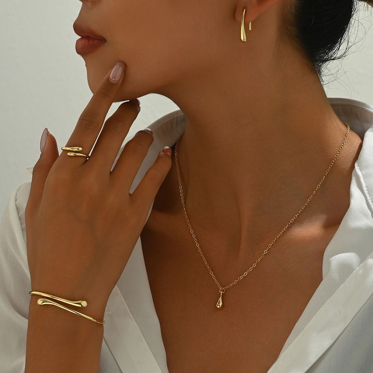 4 Pcs Set Minimalist Jewelry Set Waterdrop Earrings Necklace Adjustable Bracelet Ring for Women Daily Wear Jewelry Combo Fashion Accessories Matching Set