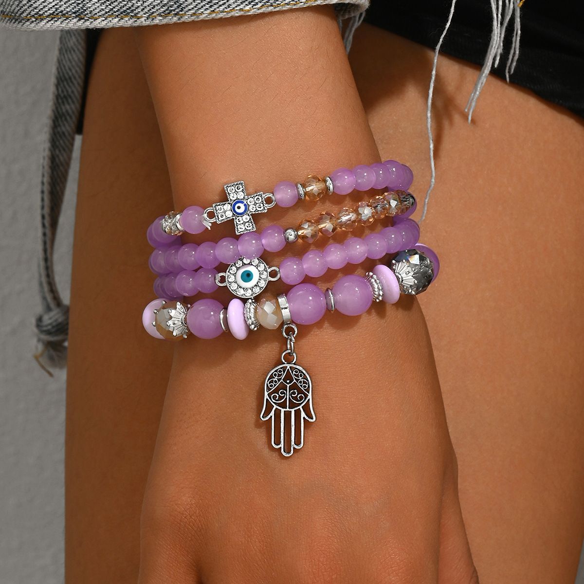 Evil Eye Cross Hand Charm Bracelet Set 4-Piece Purple Glass Bead Jewelry for Women Office & Casual Wear Bracelets  Set