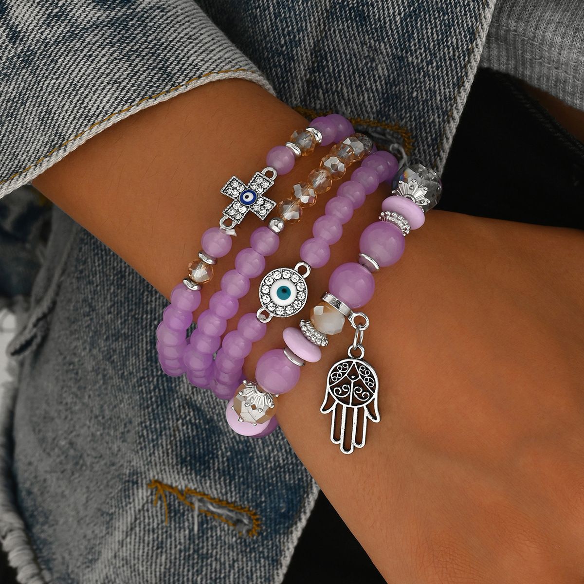 Evil Eye Cross Hand Charm Bracelet Set 4-Piece Purple Glass Bead Jewelry for Women Office & Casual Wear Bracelets  Set