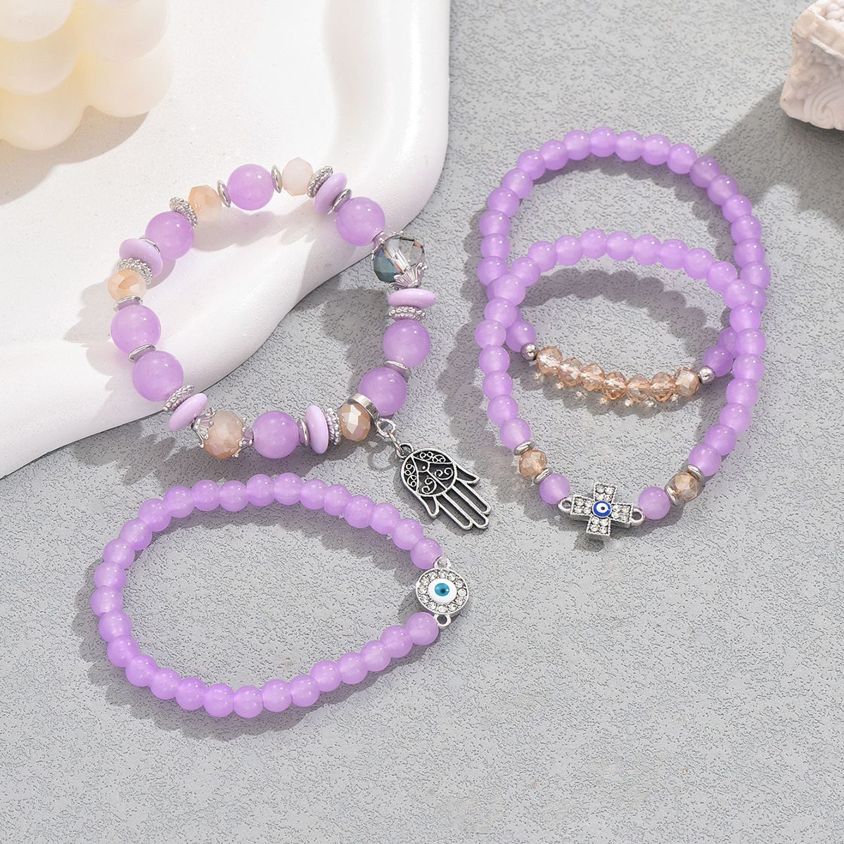 Evil Eye Cross Hand Charm Bracelet Set 4-Piece Purple Glass Bead Jewelry for Women Office & Casual Wear Bracelets  Set
