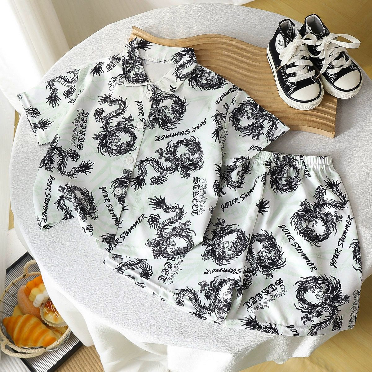 2025 Vintage Boys' Outfit Summer Set Loose Fit Retro Shirt and Shorts Unique Playful Design Kids Clothes Loose and Comfy Boy's Clothing Set