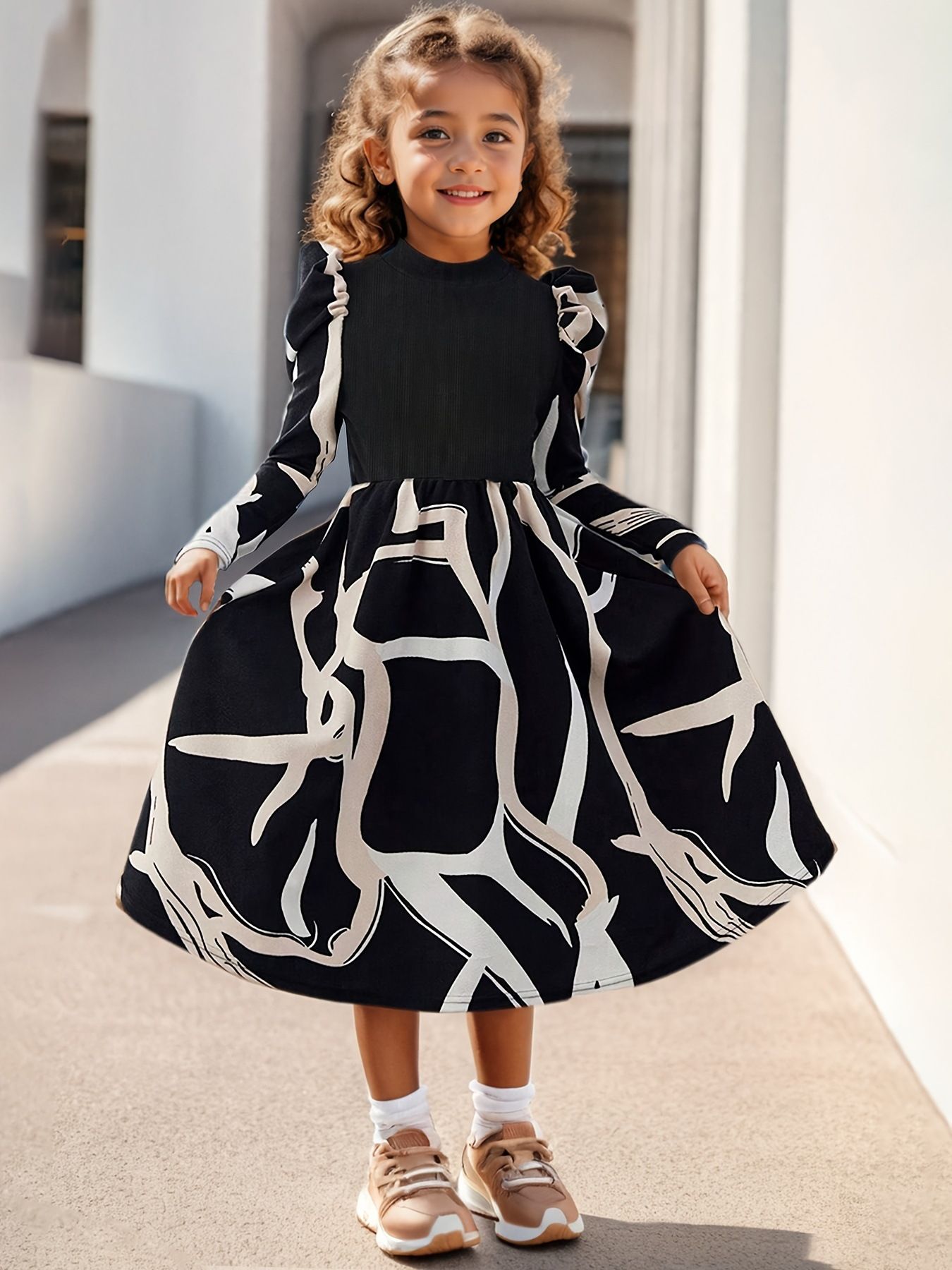 Girls' Dress 3-10Y Kids Clothing with Geometric Print Puff Sleeve Dresses for School Church Fashion Casua Clothes Easy Mix and Match