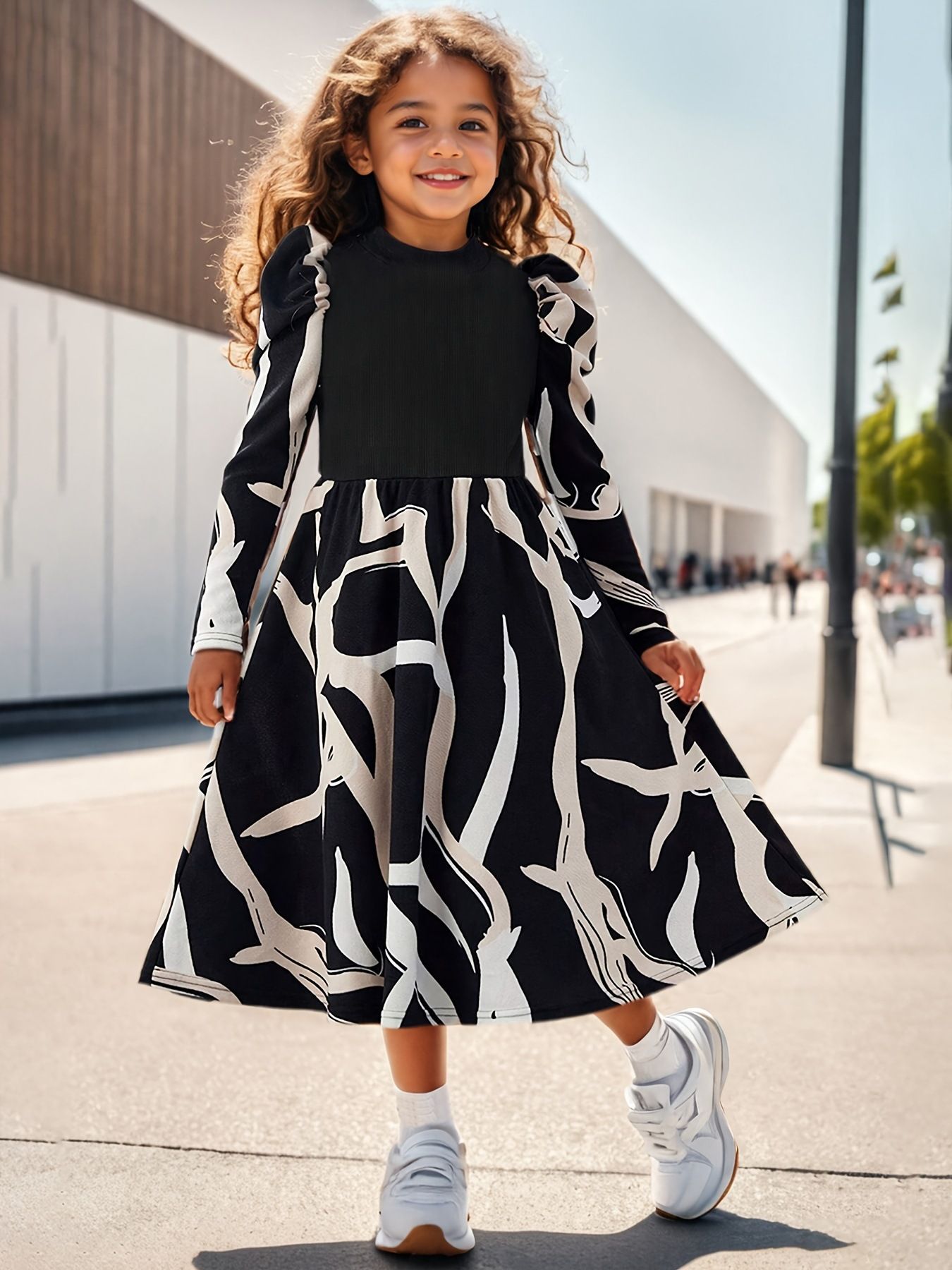 Girls' Dress 3-10Y Kids Clothing with Geometric Print Puff Sleeve Dresses for School Church Fashion Casua Clothes Easy Mix and Match