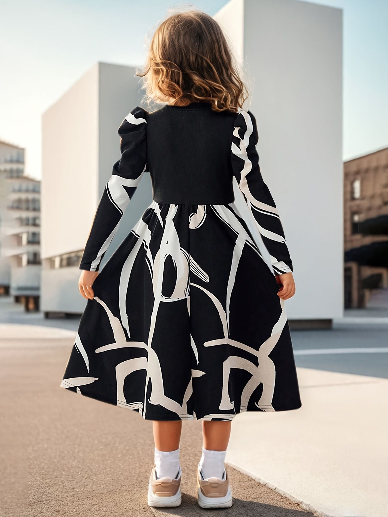 Girls' Dress 3-10Y Kids Clothing with Geometric Print Puff Sleeve Dresses for School Church Fashion Casua Clothes Easy Mix and Match
