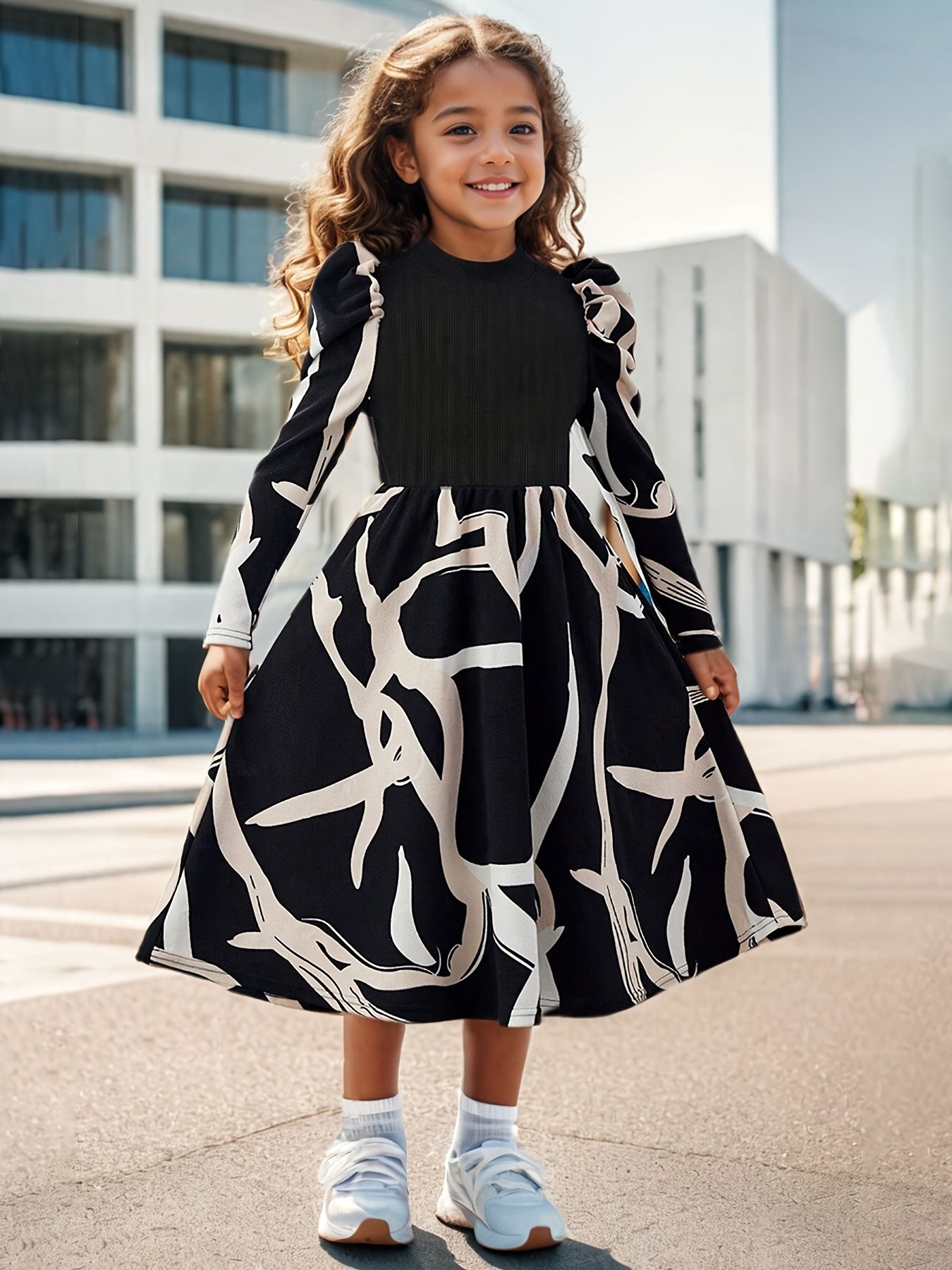 Girls' Dress 3-10Y Kids Clothing with Geometric Print Puff Sleeve Dresses for School Church Fashion Casua Clothes Easy Mix and Match