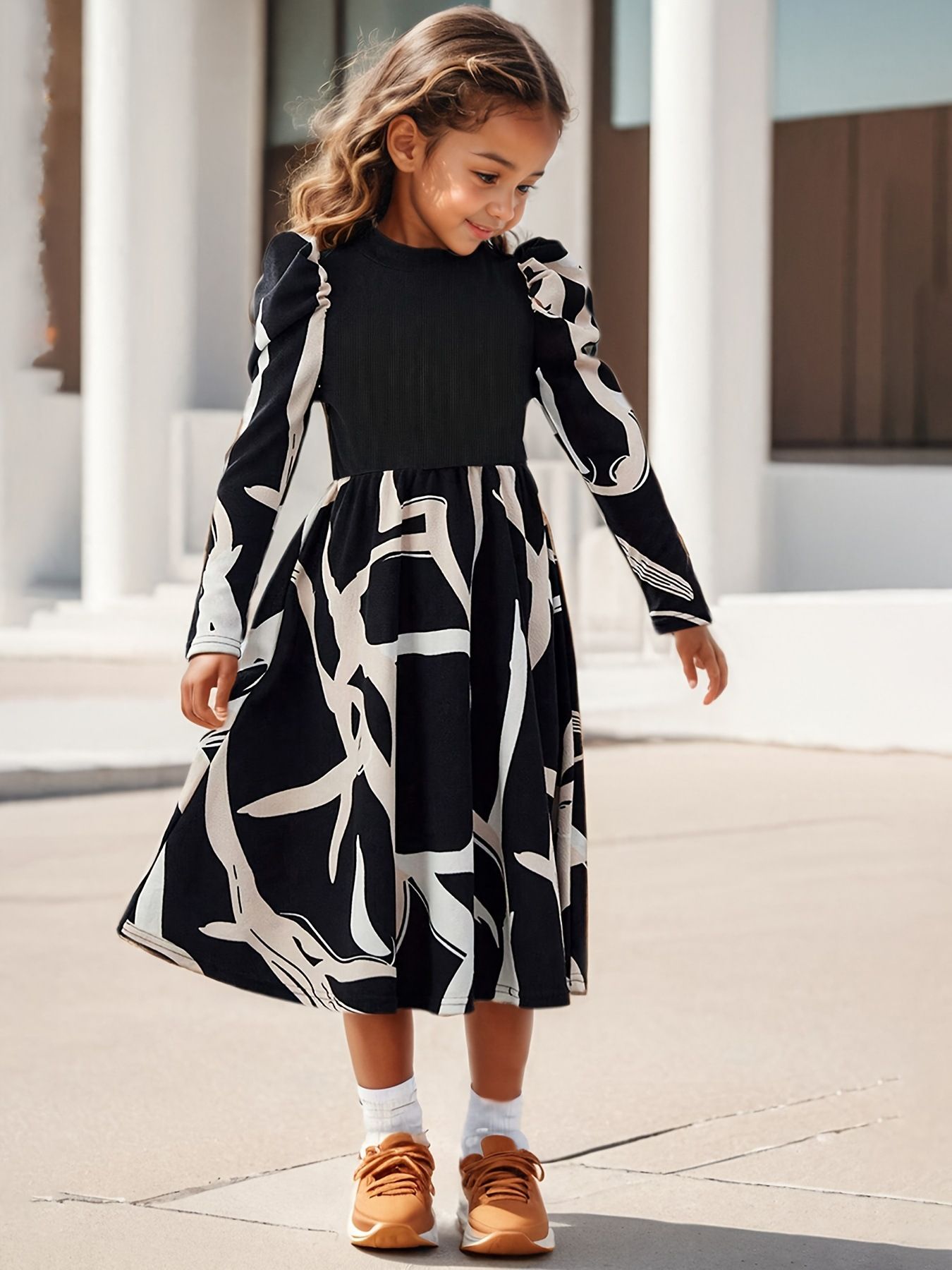 Girls' Dress 3-10Y Kids Clothing with Geometric Print Puff Sleeve Dresses for School Church Fashion Casua Clothes Easy Mix and Match