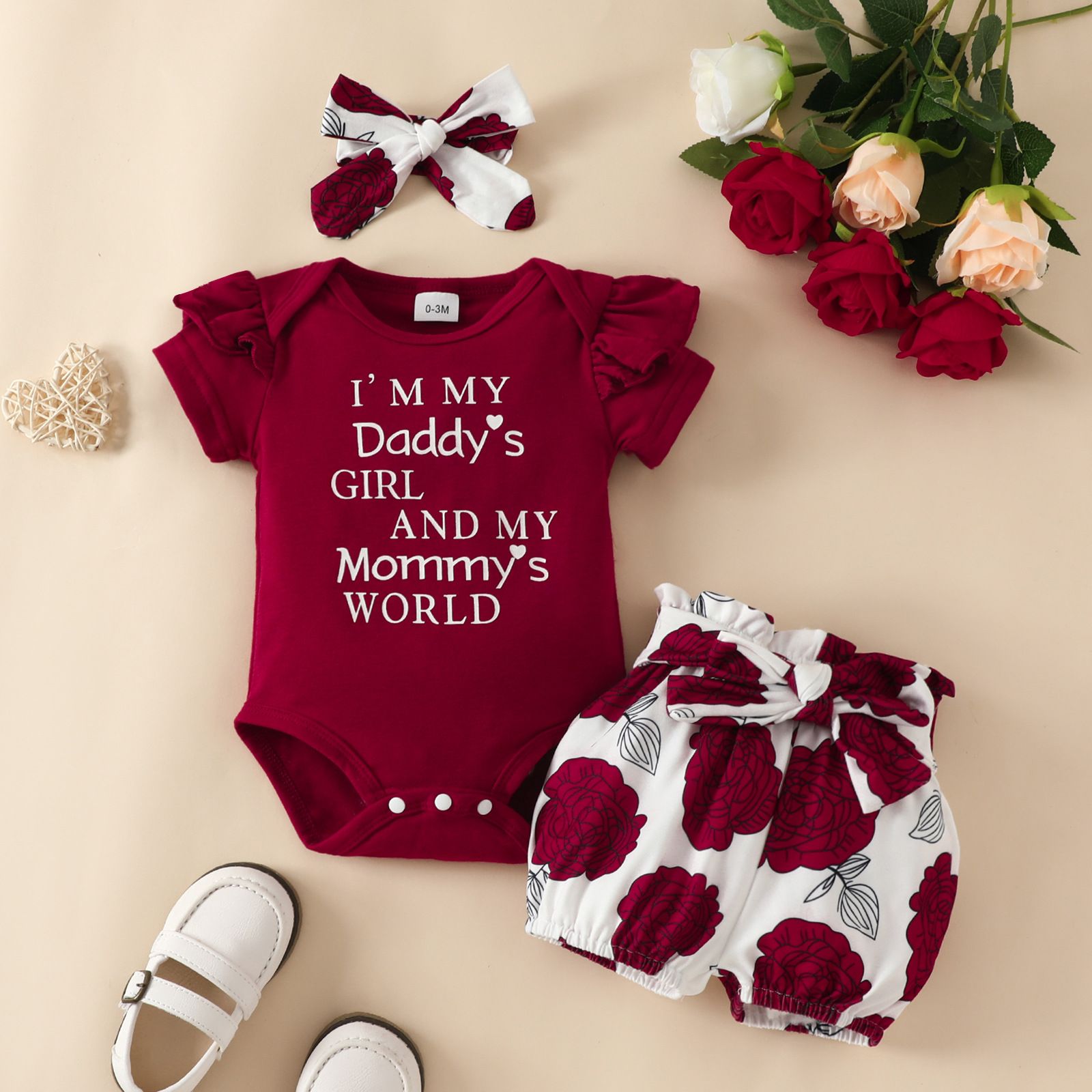 Baby Short Sleeve Bodysuit Shorts Set 0-12 Months Baby Girl Alphabet Top Floral Printed Cute Shorts Bowknot Headband 3 Piece Set Clothes