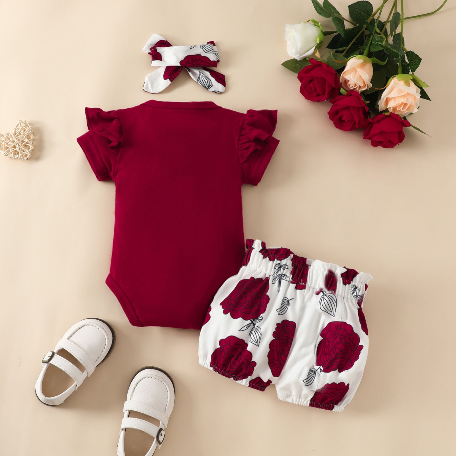 Baby Short Sleeve Bodysuit Shorts Set 0-12 Months Baby Girl Alphabet Top Floral Printed Cute Shorts Bowknot Headband 3 Piece Set Clothes