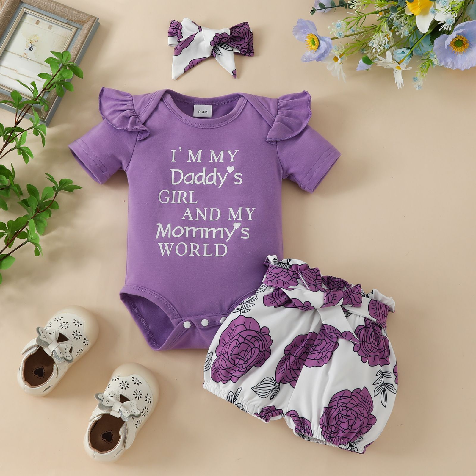 Baby Short Sleeve Bodysuit Shorts Set 0-12 Months Baby Girl Alphabet Top Floral Printed Cute Shorts Bowknot Headband 3 Piece Set Clothes