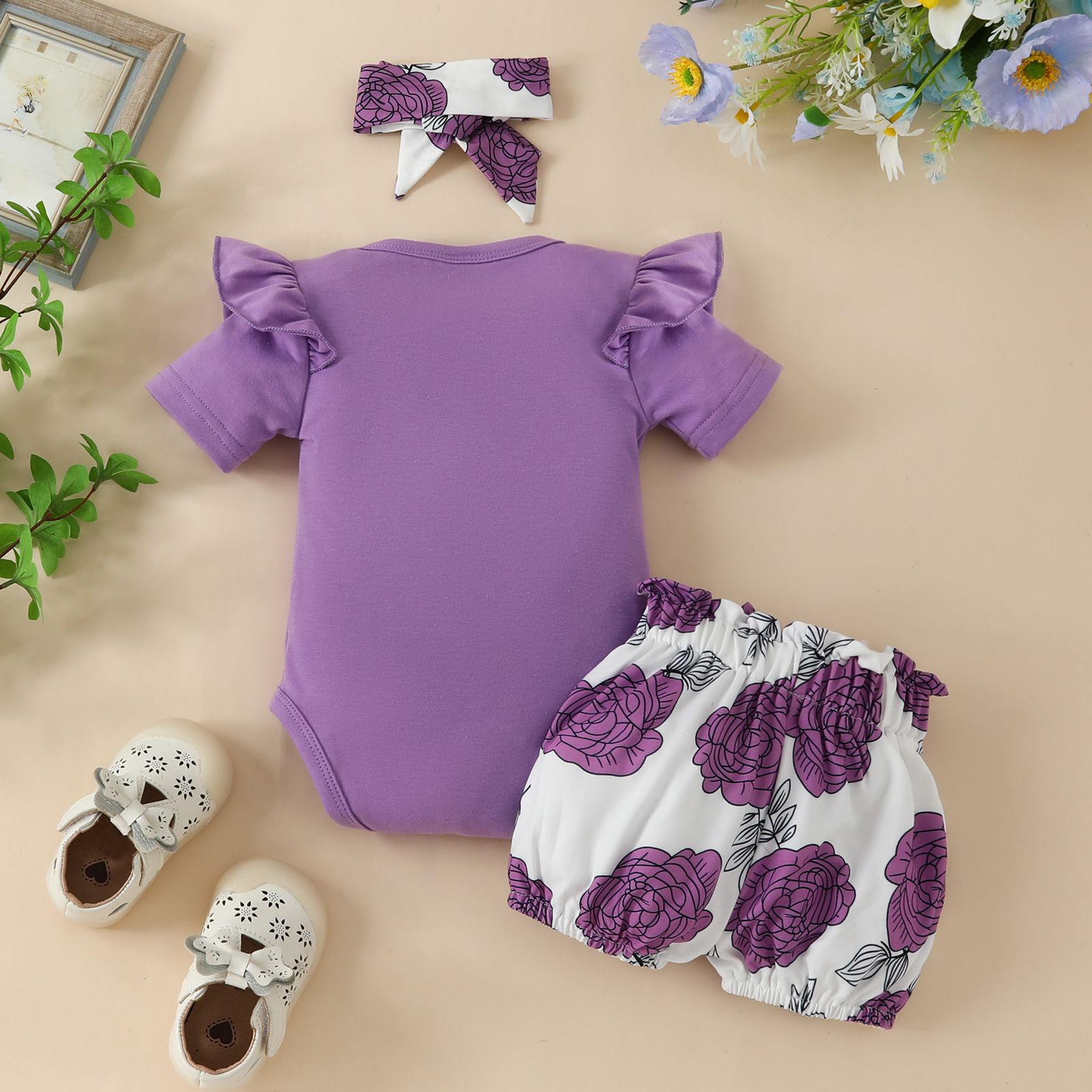 Baby Short Sleeve Bodysuit Shorts Set 0-12 Months Baby Girl Alphabet Top Floral Printed Cute Shorts Bowknot Headband 3 Piece Set Clothes