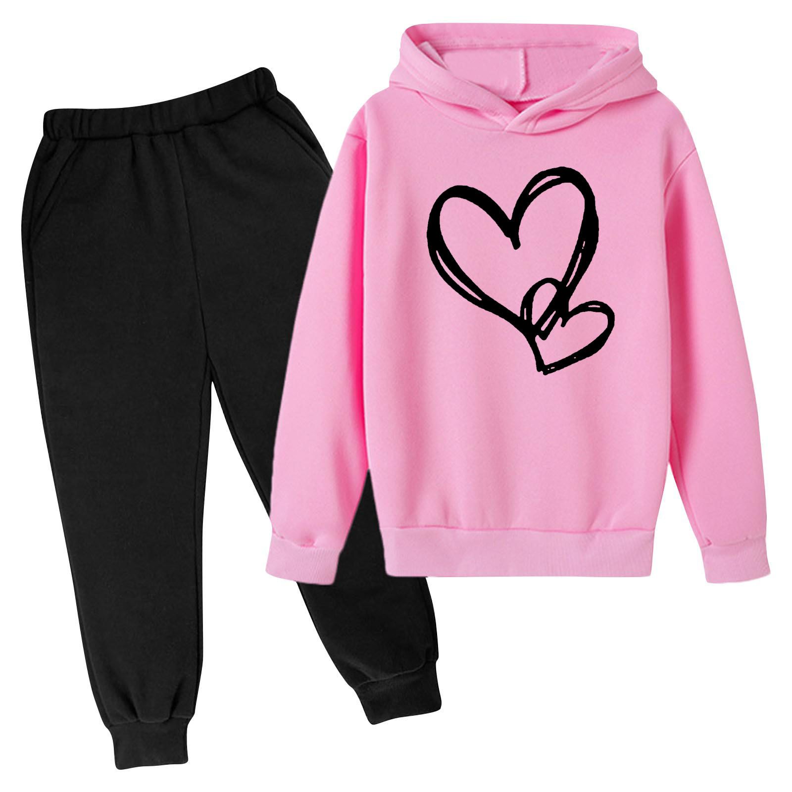 Toddler Youth Heart Print Hoodie Set Elastic Cuff Joggers for 3-14Yrs Boys Girls Clothing Sets Kids Casual Outfit Long Sleeves Top and Trousers