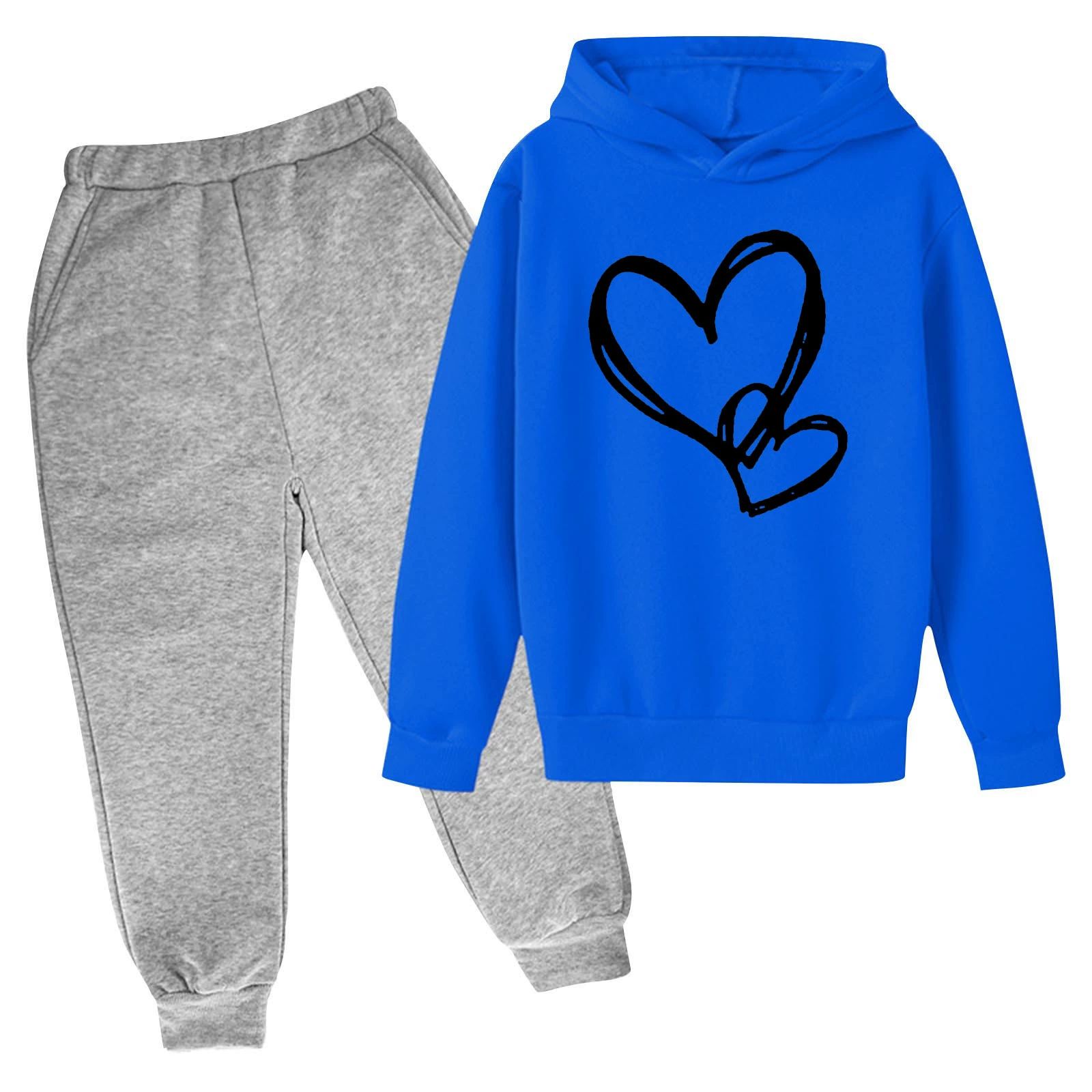 Toddler Youth Heart Print Hoodie Set Elastic Cuff Joggers for 3-14Yrs Boys Girls Clothing Sets Kids Casual Outfit Long Sleeves Top and Trousers