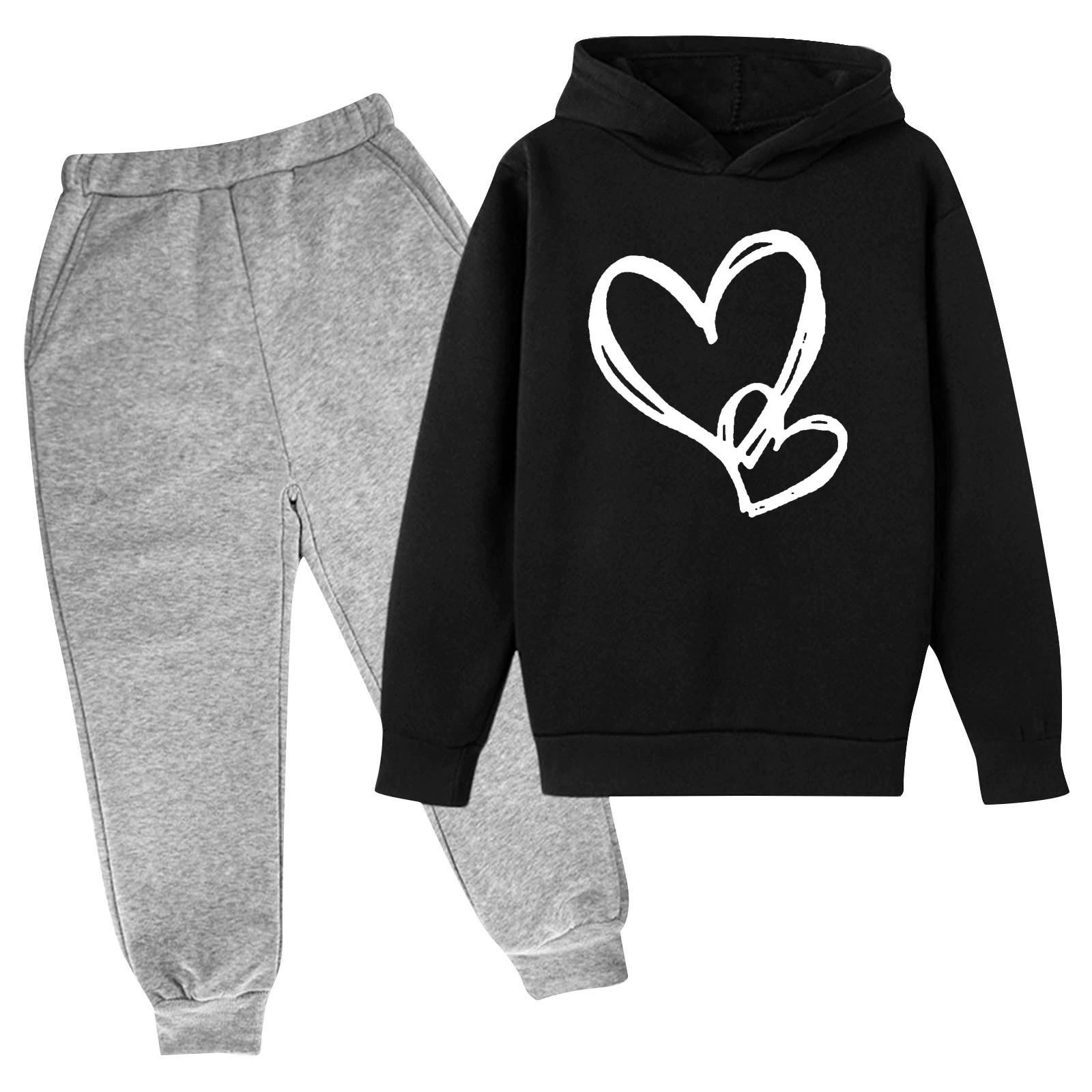 Toddler Youth Heart Print Hoodie Set Elastic Cuff Joggers for 3-14Yrs Boys Girls Clothing Sets Kids Casual Outfit Long Sleeves Top and Trousers