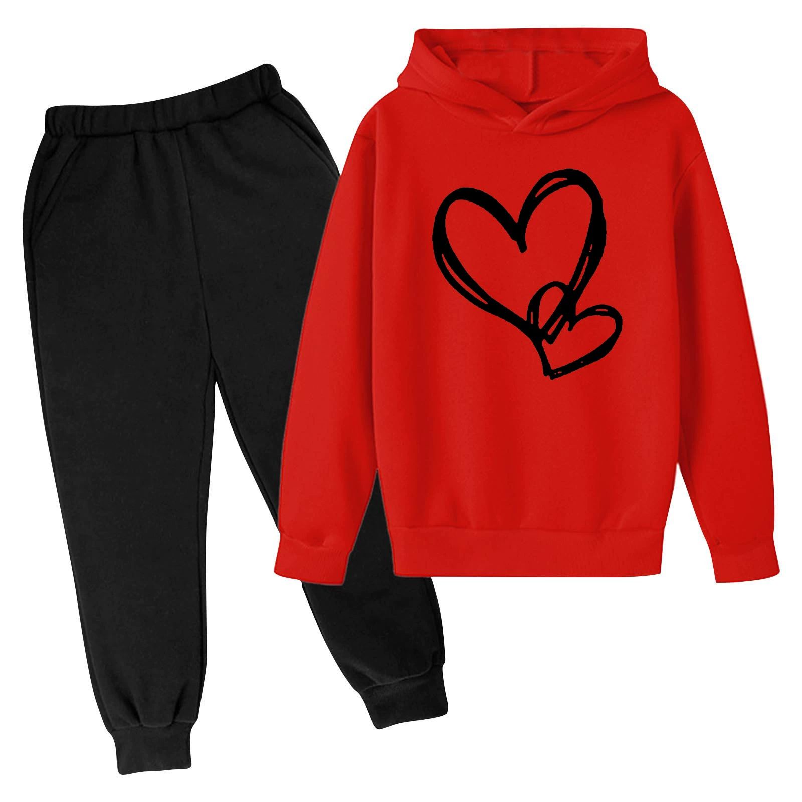 Toddler Youth Heart Print Hoodie Set Elastic Cuff Joggers for 3-14Yrs Boys Girls Clothing Sets Kids Casual Outfit Long Sleeves Top and Trousers