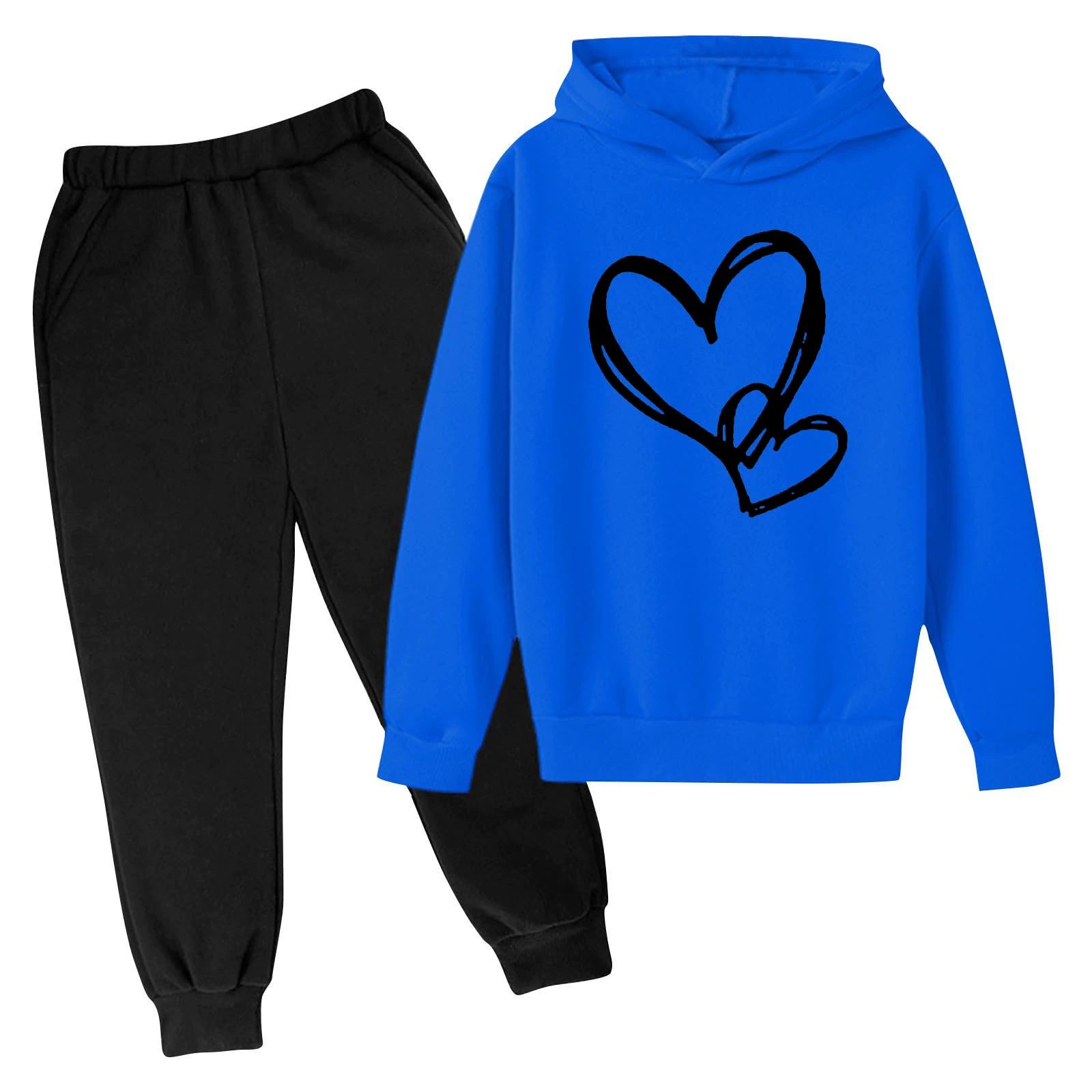 Toddler Youth Heart Print Hoodie Set Elastic Cuff Joggers for 3-14Yrs Boys Girls Clothing Sets Kids Casual Outfit Long Sleeves Top and Trousers