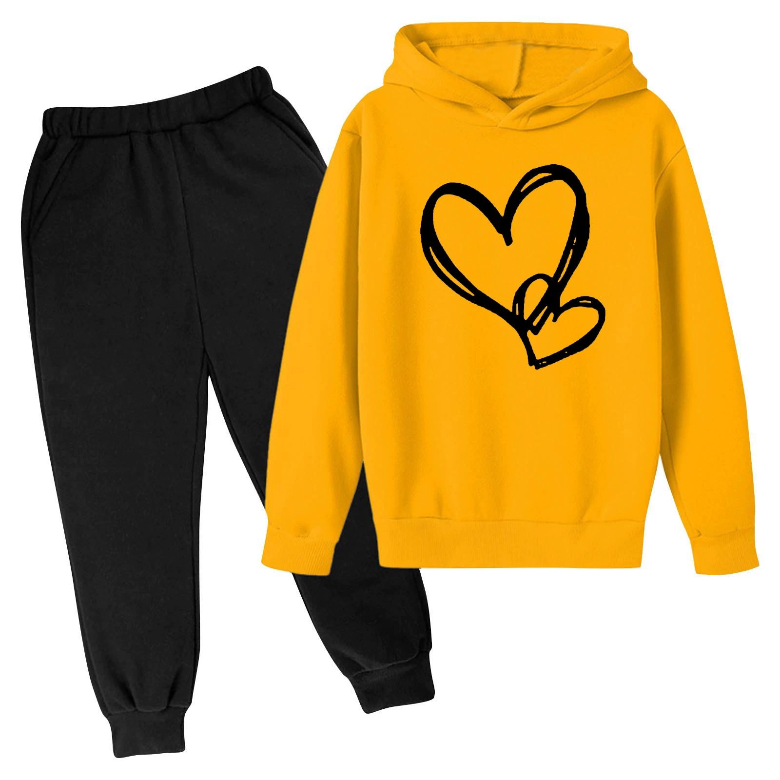 Toddler Youth Heart Print Hoodie Set Elastic Cuff Joggers for 3-14Yrs Boys Girls Clothing Sets Kids Casual Outfit Long Sleeves Top and Trousers