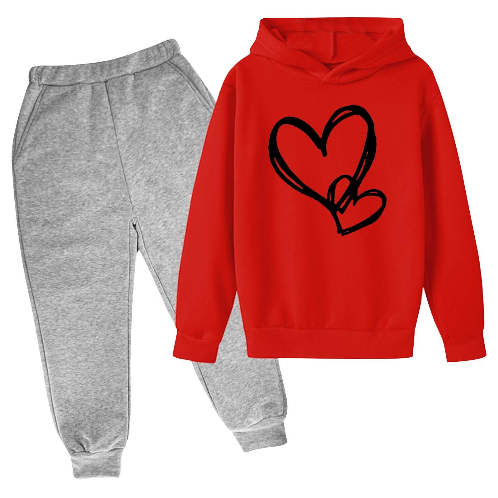 Toddler Youth Heart Print Hoodie Set Elastic Cuff Joggers for 3-14Yrs Boys Girls Clothing Sets Kids Casual Outfit Long Sleeves Top and Trousers