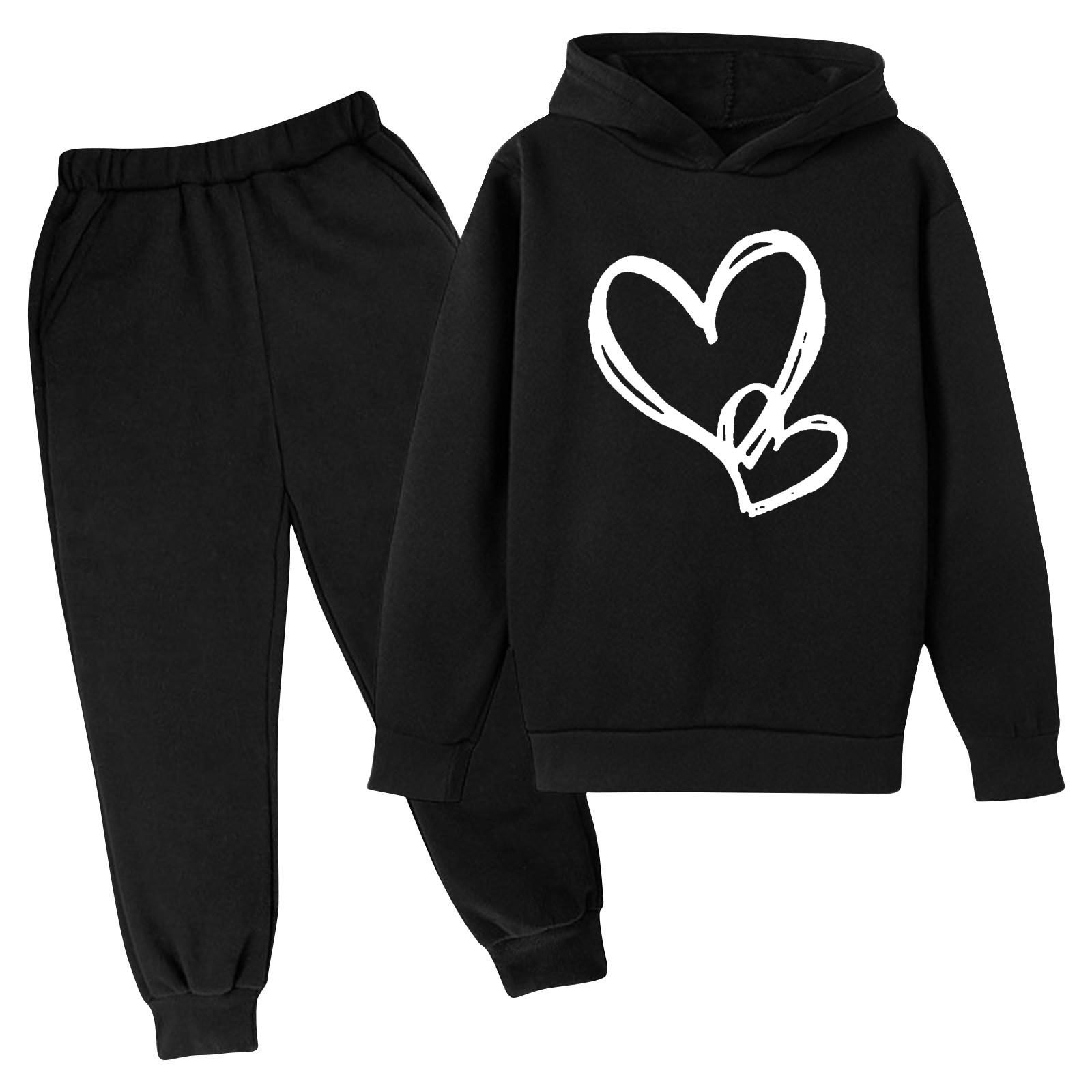 Toddler Youth Heart Print Hoodie Set Elastic Cuff Joggers for 3-14Yrs Boys Girls Clothing Sets Kids Casual Outfit Long Sleeves Top and Trousers