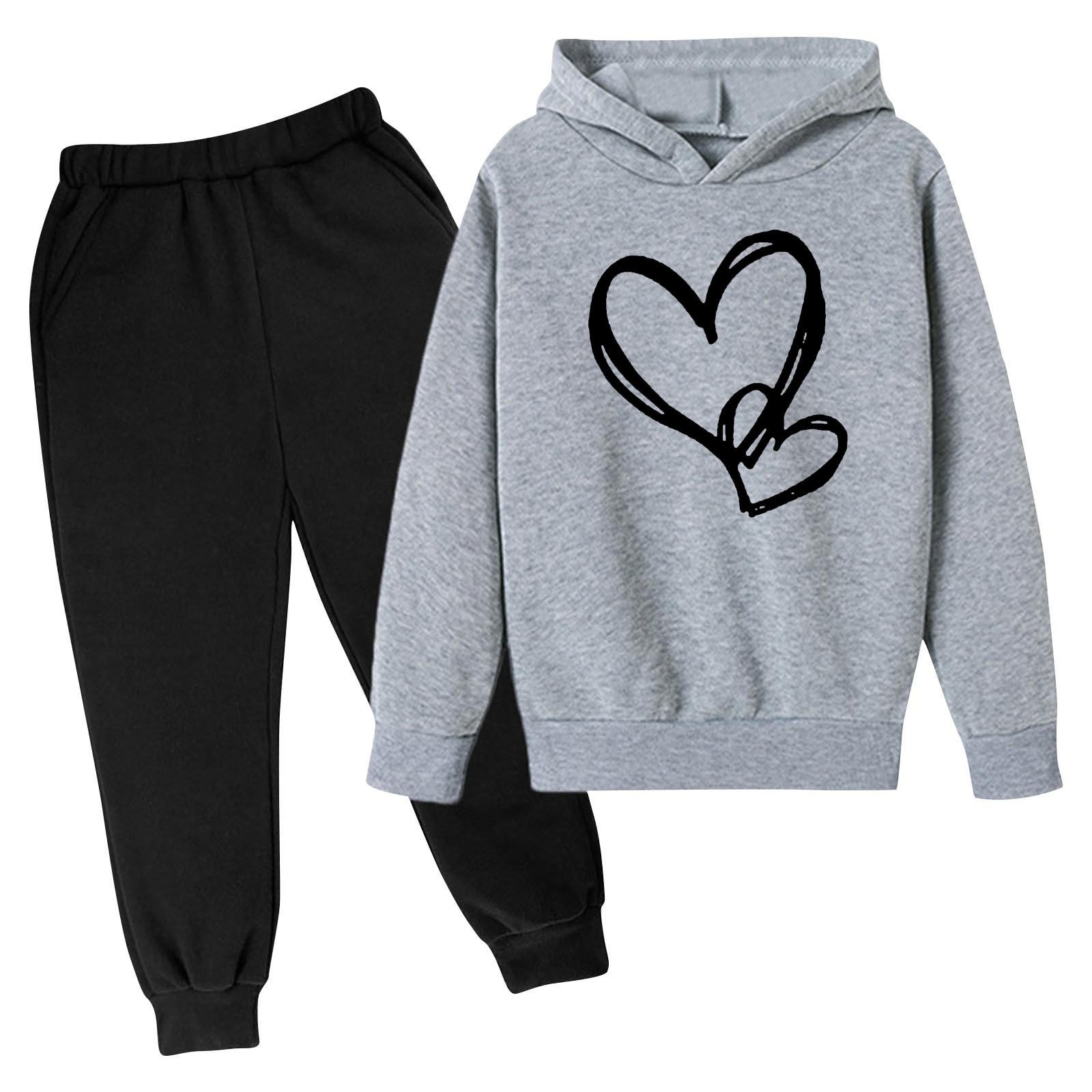 Toddler Youth Heart Print Hoodie Set Elastic Cuff Joggers for 3-14Yrs Boys Girls Clothing Sets Kids Casual Outfit Long Sleeves Top and Trousers