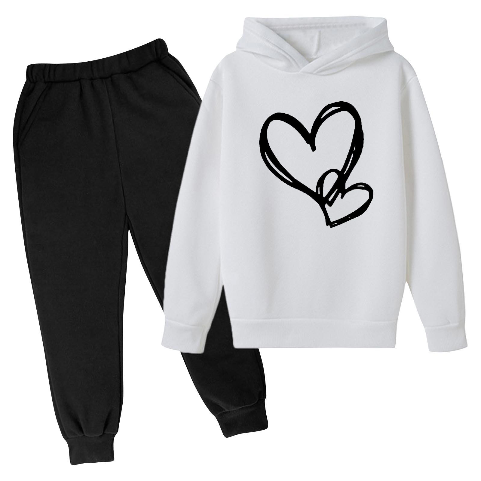 Toddler Youth Heart Print Hoodie Set Elastic Cuff Joggers for 3-14Yrs Boys Girls Clothing Sets Kids Casual Outfit Long Sleeves Top and Trousers