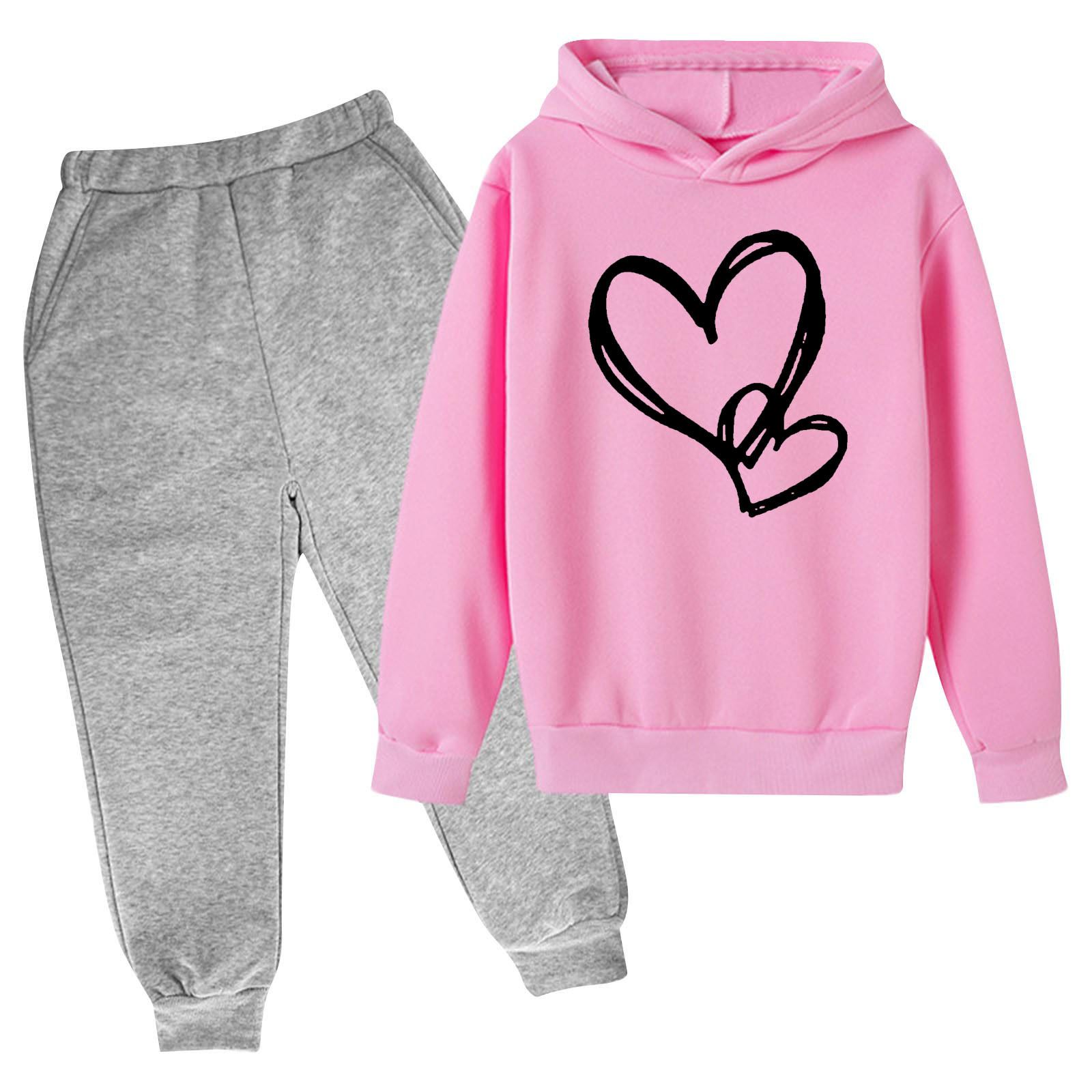 Toddler Youth Heart Print Hoodie Set Elastic Cuff Joggers for 3-14Yrs Boys Girls Clothing Sets Kids Casual Outfit Long Sleeves Top and Trousers