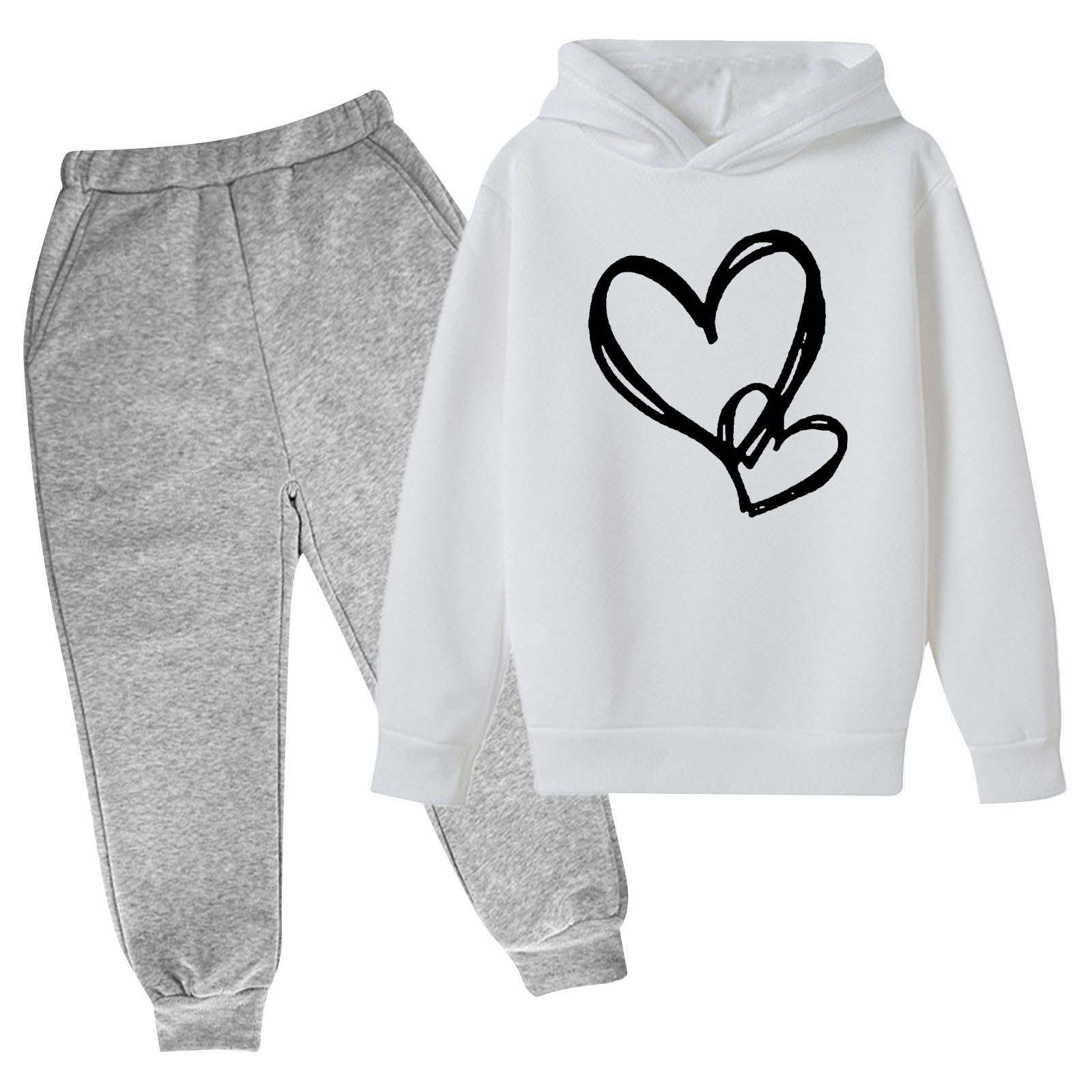 Toddler Youth Heart Print Hoodie Set Elastic Cuff Joggers for 3-14Yrs Boys Girls Clothing Sets Kids Casual Outfit Long Sleeves Top and Trousers