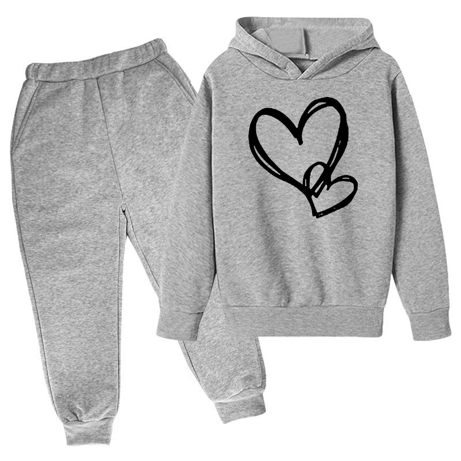 Toddler Youth Heart Print Hoodie Set Elastic Cuff Joggers for 3-14Yrs Boys Girls Clothing Sets Kids Casual Outfit Long Sleeves Top and Trousers