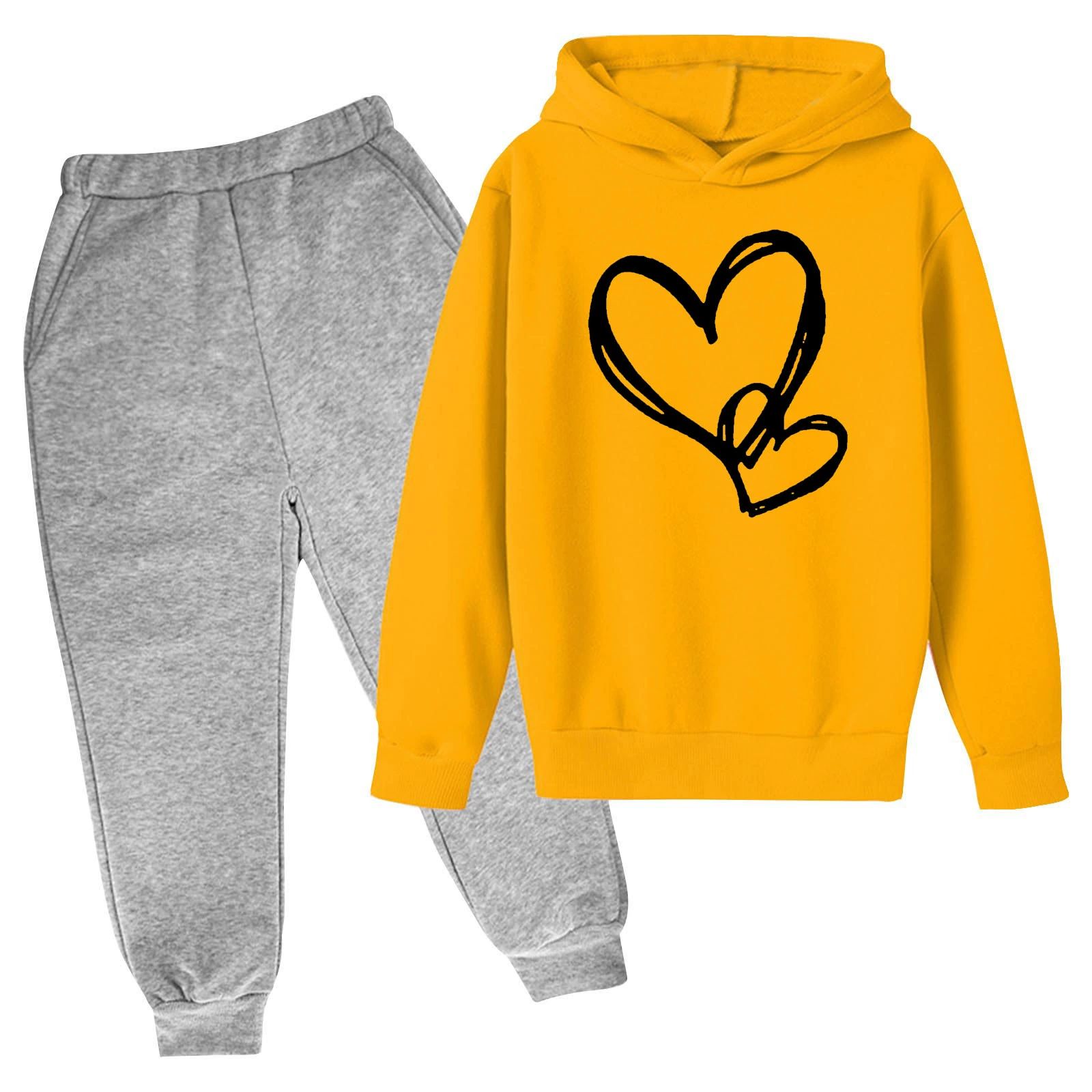 Toddler Youth Heart Print Hoodie Set Elastic Cuff Joggers for 3-14Yrs Boys Girls Clothing Sets Kids Casual Outfit Long Sleeves Top and Trousers
