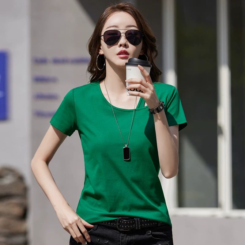 2025 New Women's Short-Sleeve T-Shirt Round Neck Slim Fit Top Solid Color Cotton Cloth Classic and Simple Style T-shirt for Ladies Tee