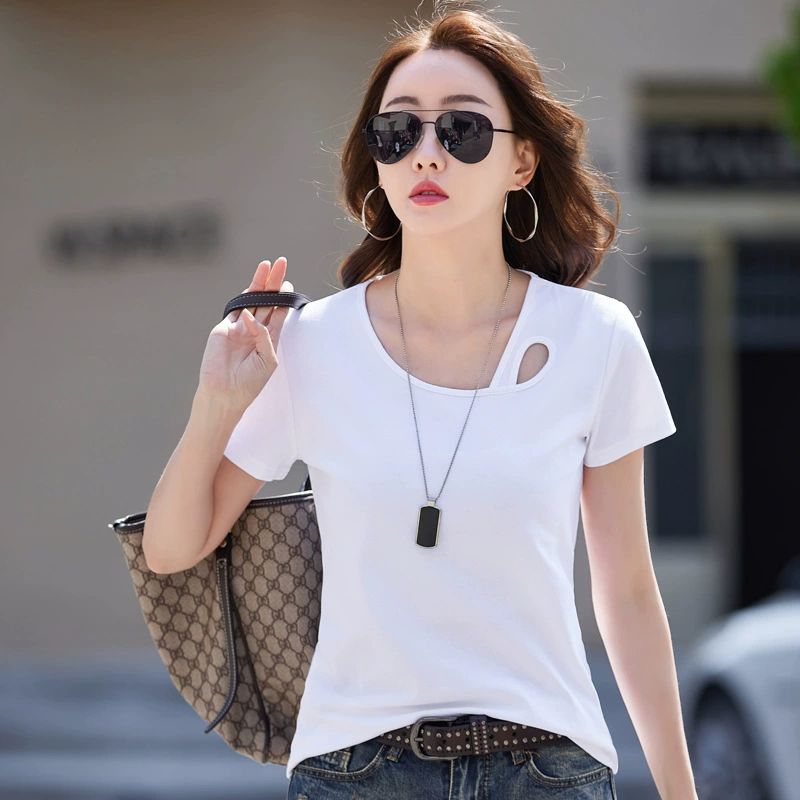 2025 New Women's Short-Sleeve T-Shirt Round Neck Slim Fit Top Solid Color Cotton Cloth Classic and Simple Style T-shirt for Ladies Tee