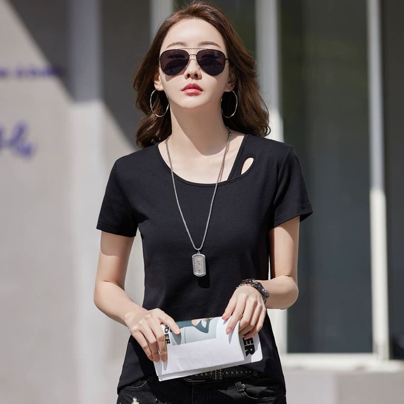2025 New Women's Short-Sleeve T-Shirt Round Neck Slim Fit Top Solid Color Cotton Cloth Classic and Simple Style T-shirt for Ladies Tee