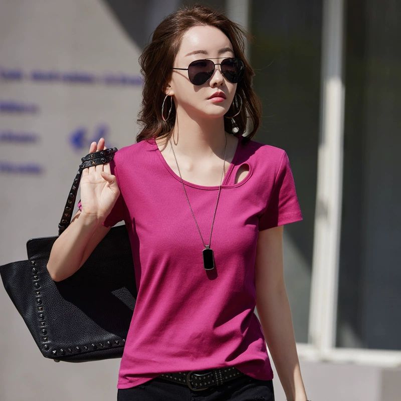2025 New Women's Short-Sleeve T-Shirt Round Neck Slim Fit Top Solid Color Cotton Cloth Classic and Simple Style T-shirt for Ladies Tee