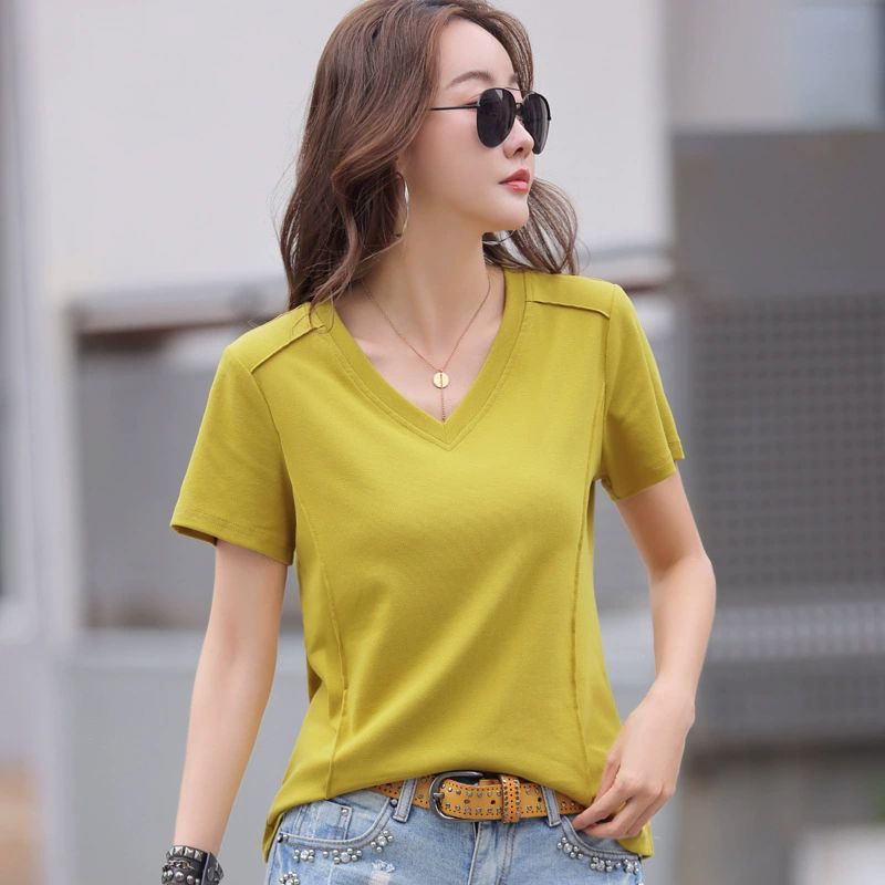 Simple Solid Color Short-Sleeve T-Shirt Women's Loose-Fit Cotton V-Neck Top Plus Size Summer Clothing for Female Soft Comfortable Tee