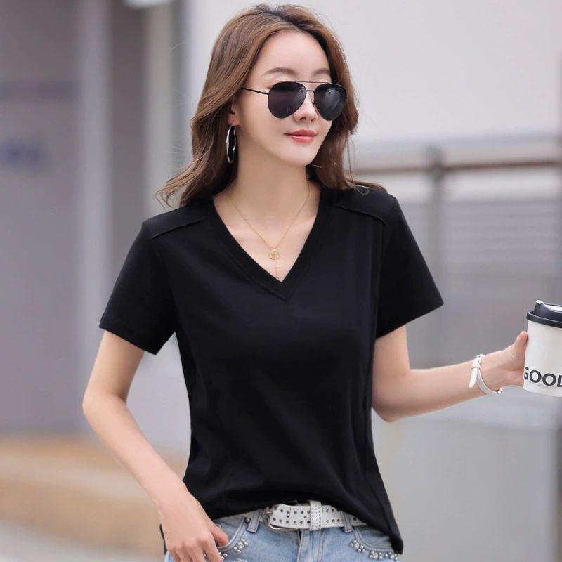 Simple Solid Color Short-Sleeve T-Shirt Women's Loose-Fit Cotton V-Neck Top Plus Size Summer Clothing for Female Soft Comfortable Tee